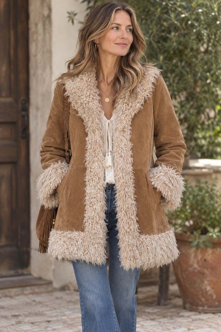 Vintage Giacca Genuine Leather Suede Penny Lane Coat Faux Fur Trim SZ M Y2K